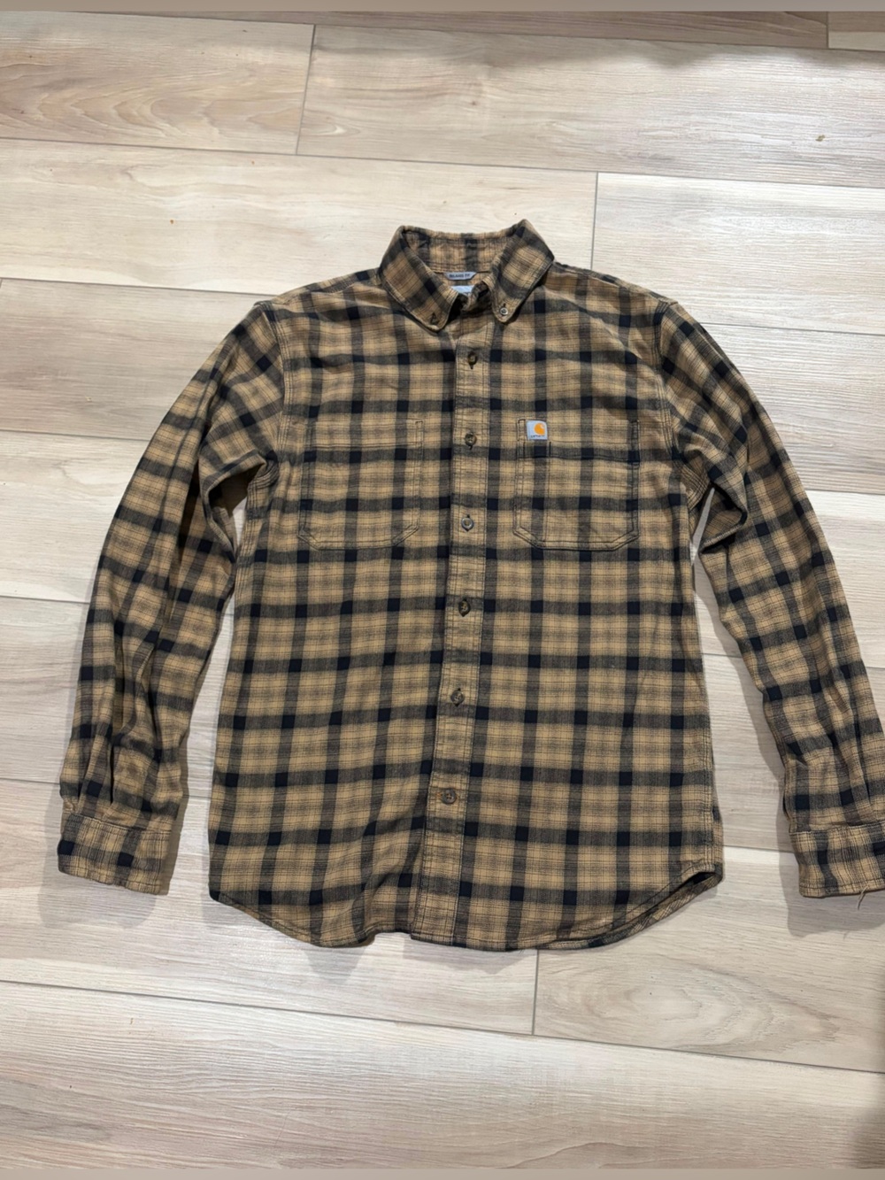 Carhartt Men's Tan and Black Plaid Button-Down Shirt